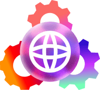 Colorful web icon with gear symbols representing scalable robust secure healthcare technology architecture